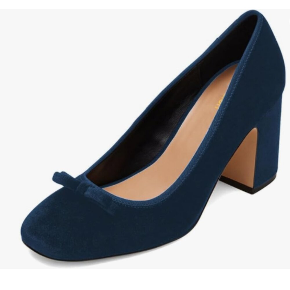 Chic Navy Suede Block Heel Pumps with Bow Accent